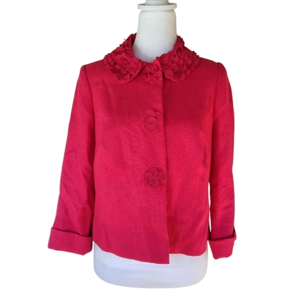 Boden Hot Pink Floral Detail Snap Front Linen Blazer Office Preppy Size 4